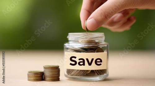 Close-up of a hand adding coins to a savings jar.