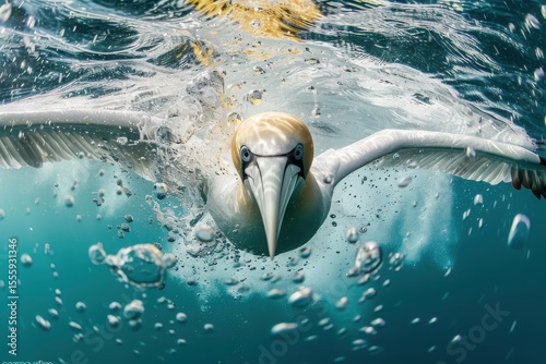 Gannet Diving Underwater Hunting Fish in Ocean Splash