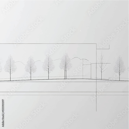 A serene winter landscape featuring snow-covered trees lining a frosty forest path under a cold, white sky