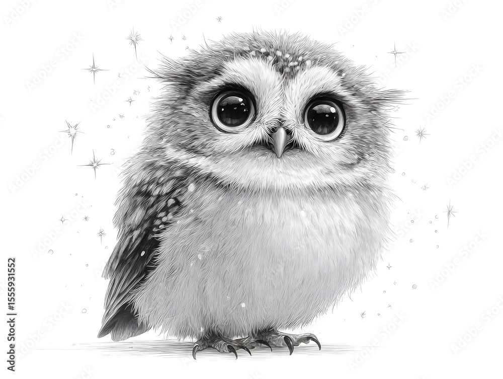 Fototapeta premium A cute baby owl with big eyes standing in a field of sparkles looks innocent and ready for adventure.