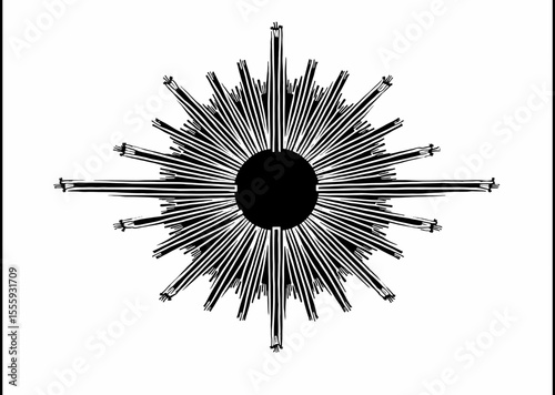 Stylized black and white illustration of a sunburst or starburst design