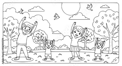 Family exercising in park with parents and children coloring page for kids