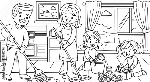 Mother and daughter cleaning living room together coloring page for kids
