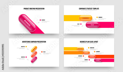 Modern Portfolio 1 2 3 4 Step Diagram Presentation Template Set. Marketing Performance One Two Three Four Element Infographic Slide Layout Vector Illustration Collection.