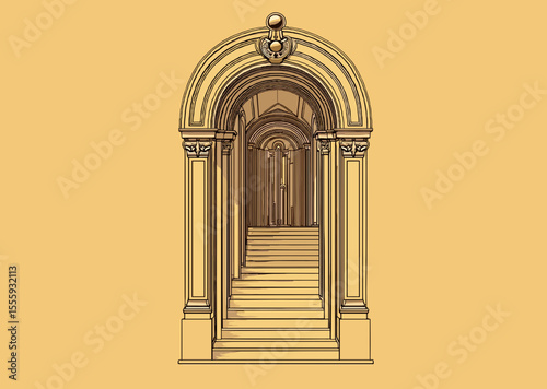 Intricate illustration of an arched doorway leading to a staircase