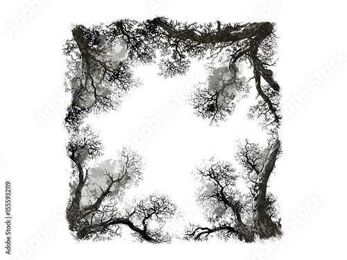 Vintage autumn tree canopy, fall forest motif, black sketch engraving, hand-drawn seasonal nature scene, old engraving style, trendy rustic decor, woodland silhouette, classic nature illustration