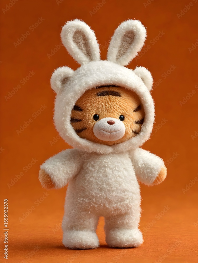 An adorable tiger teddy bear wears a cute bunny hooded pajama suit on a bright orange studio backdrop scene. An adorable tiger teddy bear wears a cute bunny hooded pajama suit on a bright orange studio backdrop scene.
