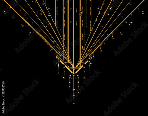 Elegant chandelier design with golden lines and crystal droplets on a black background