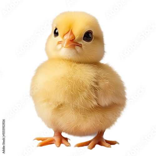 Adorable fluffy yellow baby chick standing and looking forward isolated on transparent background