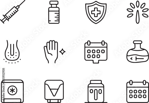 Essential Medical Icons Vaccine, Syringe, Health Shield, and More