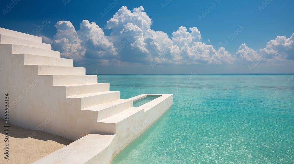 Fototapeta premium White Sand Steps Leading to a Turquoise Ocean Under a Bright Blue Sky with Fluffy Clouds