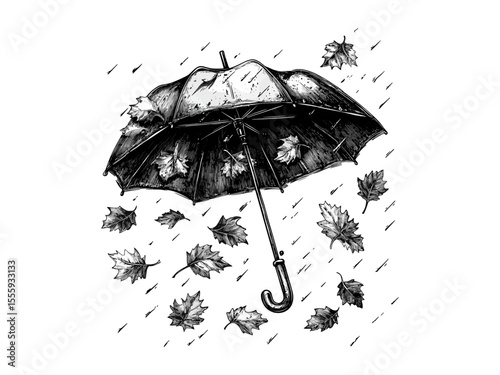 Autumn umbrella with falling leaves engraving, vintage rainy weather motif, black sketch style, hand-drawn seasonal decor, retro trendy engraved illustration, fall foliage art, autumn vibes