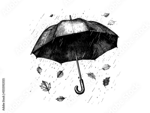 Vintage autumn umbrella engraving with falling leaves, black sketch style, rainy weather motif, retro seasonal decor, trendy old engraving style, hand-drawn illustration, fall season art design