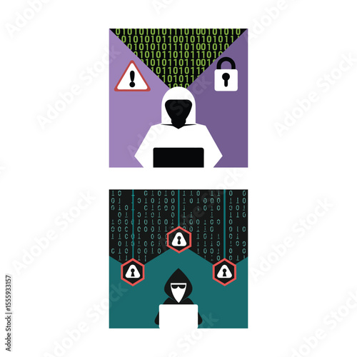 Colorful Hacker Vector Illustration Cybersecurity and Data Protection Concept Binary Code Hacker Design Cyber Attack and Lock Icon Vector Art