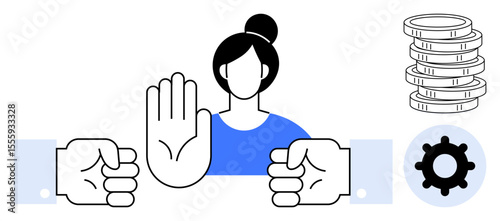 Woman raises hand to stop two fists, symbolizing conflict, with coin stack and gear representing money and work. Ideal for negotiation, teamwork, work-life balance, conflict resolution, fairness