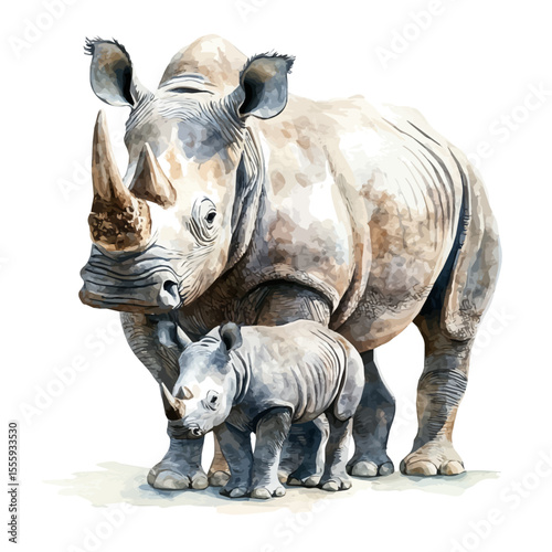 A Mother Rhinoceros With Her Kid, watercolor clipart vector, isolated on a white background.