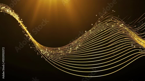 Abstract music background with golden notes and a digital wave pattern, perfect for web design wallpaper. glowing gold wavy curve lines on dark background for an award setting