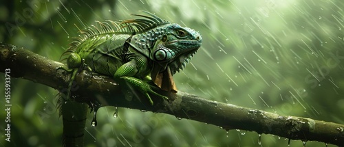 Green Iguana Perching Calmly on Rain Soaked Branch in Tropical Downpour