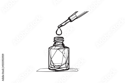 Nail polish bottle with brush and drop of polish line art and black color