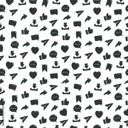 Social media engagement buttons share like love comment and repost icon hand drawn seamless pattern background hand drawn doodle style