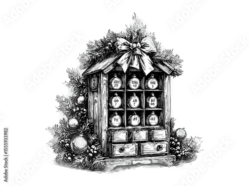 Holiday countdown decor Christmas advent calendar, vintage black sketch, old engraving style, seasonal illustration, trendy rustic design, classic winter holiday art, minimalist festive drawing