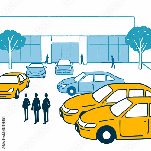 Customers and parked cars in front of dealership building