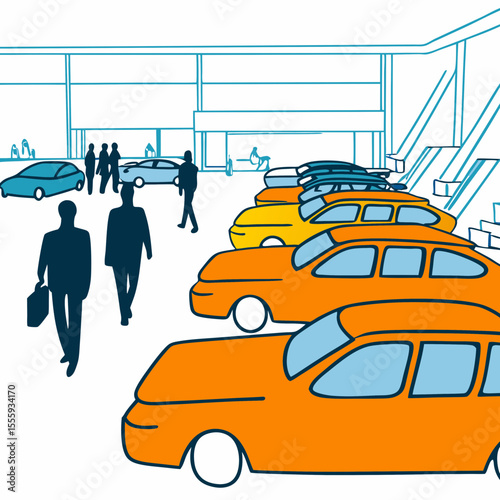 People walking through car dealership with parked vehicles