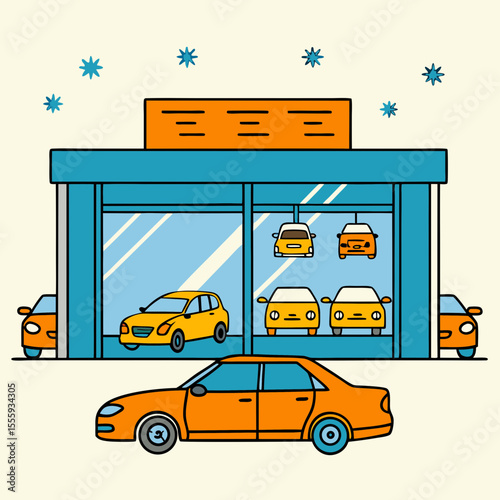 Car dealership showroom with multiple yellow vehicles displayed
