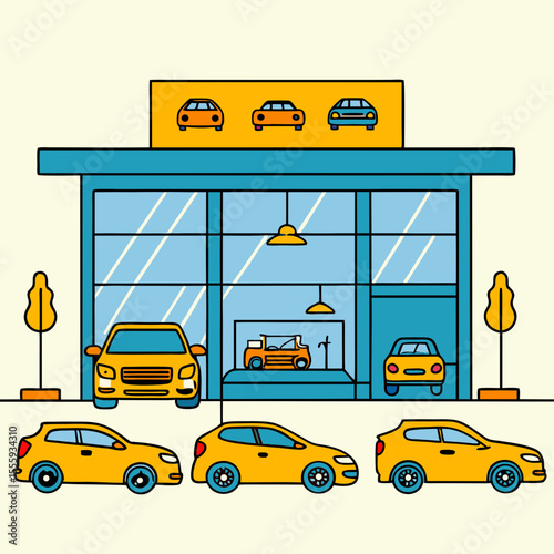 Modern car dealership building with yellow cars outside