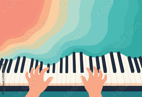 Vector illustration of hands playing a piano keyboard, capturing the essence of classical and jazz music. Perfect for concert posters, musical education, and artistic music designs.

