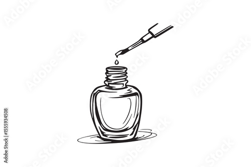 Nail polish bottle with brush and drop of polish line art and black color