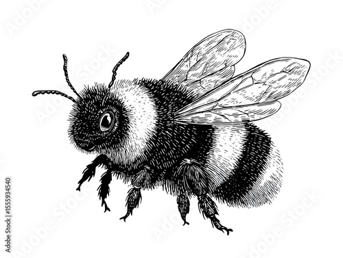 Hand drawn bumble bee illustration in black and white shows intricate details of its wings and fuzzy body.