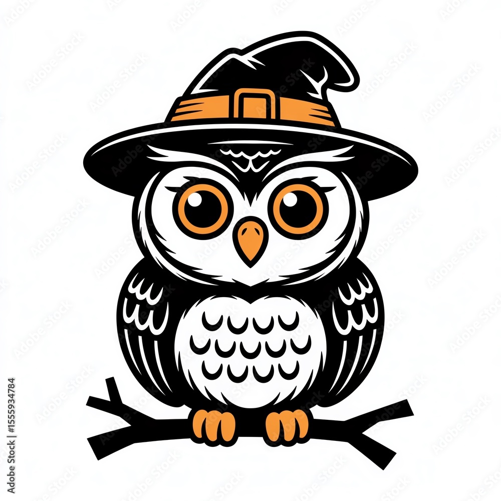 Fototapeta premium A charming cartoon owl wearing a witch hat, perched on a branch, perfect for Halloween-themed designs.