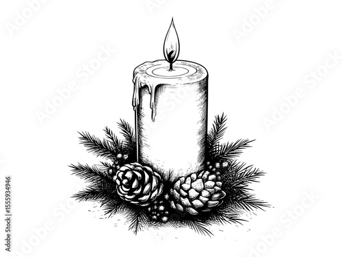 Vintage Christmas candle engraving, black line style, festive light decor, retro winter motif, trendy hand-drawn holiday artwork, old engraving style, rustic seasonal decoration, sketch art