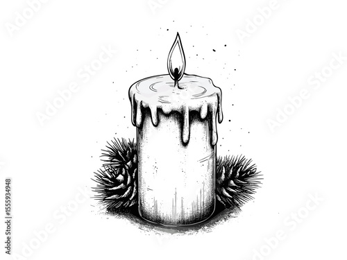 Christmas candle engraving, vintage black line style, hand-drawn holiday artwork, retro winter motif, festive light decor, old engraving style, trendy sketch, seasonal decoration art