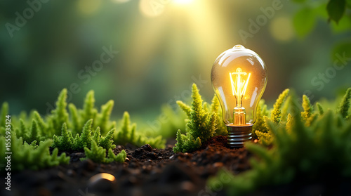 Glowing incandescent bulb surrounded by green moss and soil in sunlight