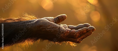 Aged Chimpanzee Hand Displaying Deep Lines and Texture in Wildlife Sanctuary at Golden Hour