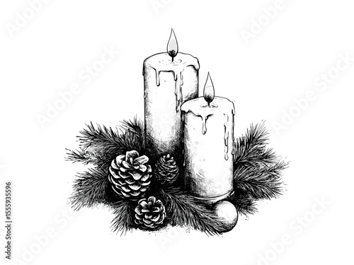 Christmas candle trio with pine needles engraving, vintage holiday motif, festive light decor, hand-drawn black sketch, old engraving style, seasonal home decoration, rustic charm,