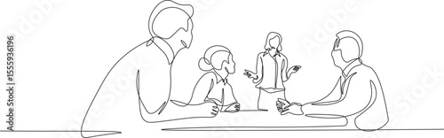Continuous Line Drawing of Team. Men and Women in Business Meeting Discussing Ideas and Strategy. Minimalist illustration of business people in black linear sketch isolated on white background