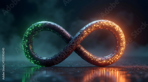 Metallic infinity symbol glowing with green and orange light on dark background
