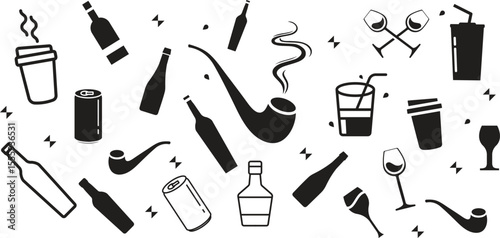 Beverages or drinks icon set. Containing bottle, wine glass, coconut, mineral water, tea, coffee, beer, soda can, juice, cup, cocktail