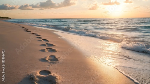 Footprints in the sand at sunset, ocean waves gently lapping the shore.