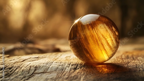 Golden sphere on weathered wood, sunlit.