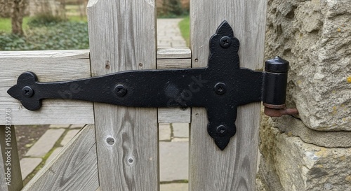 Close-up of an ornate black hinge on a weathered wooden gate with stone pillar