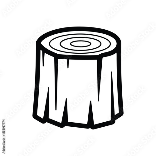Isolated Black and White Tree Stump Illustration with Visible Concentric Growth Rings