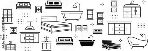 A set of furniture and decor elements. Collection of interior items for a cozy isolated interior. Vector illustration.
