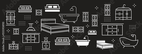 A set of furniture and decor elements. Collection of interior items for a cozy isolated interior. Vector illustration.