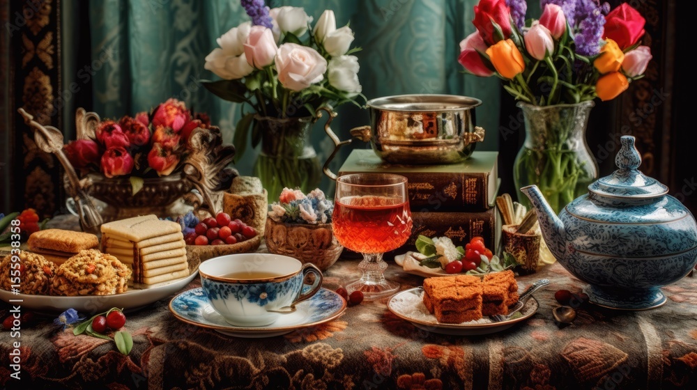 Fototapeta premium Festive Table with Candied Fruits, Wine, and Dates , Moody Still Life Composition