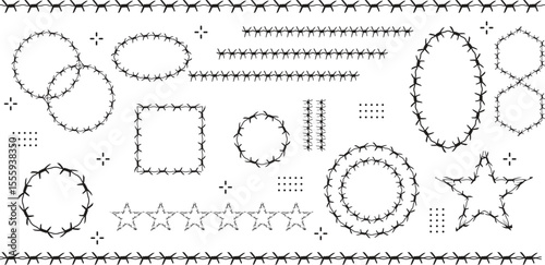 Barbed wire. Template of brush, barbwire set isolated silhouette