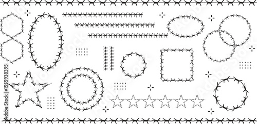 Barbed wire. Template of brush, barbwire set isolated silhouette